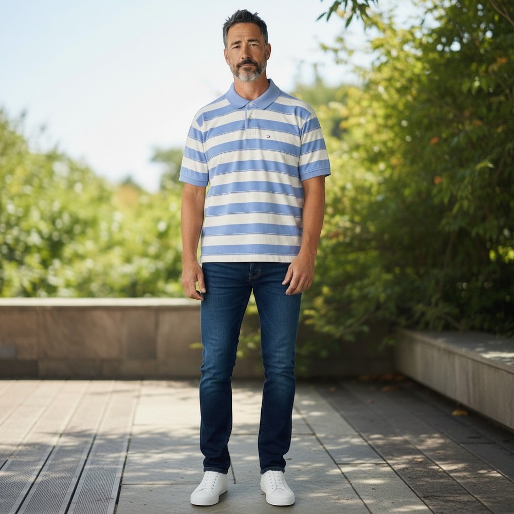 Tommy Hilfiger Polo Shirt Mens XXL Blue White Excellent Striped Short Sleeve